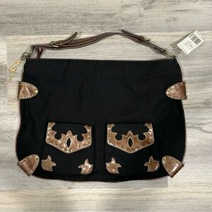 NWT Rampage Fifty Five Large Western Shoulder Bag Purse Black Brown Adjustable